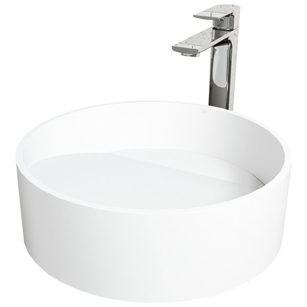 VIGO Starr&nbsp;15-in dia. White Matte Stone Round Vessel Bathroom Sink with Norfolk Faucet/Drain - Chrome