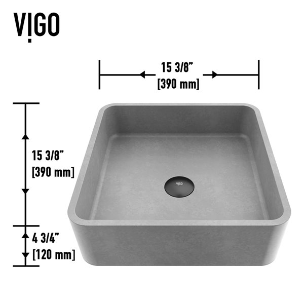 VIGO Concreto Stone Matte Black Stone Vessel Square Bathroom Sink (15.38-in x 15.38-in)