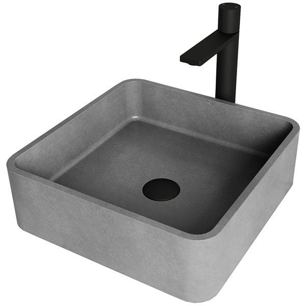 VIGO Brighton&nbsp;15-in Concreto Stone Grey Square Vessel Bathroom Sink w/Lexington Faucet/Drain - Matte Black
