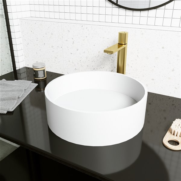 VIGO Montauk&nbsp;15-in dia. White Matte Stone Round Vessel Bathroom Sink with Gotham Faucet/Drain - Matte Gold