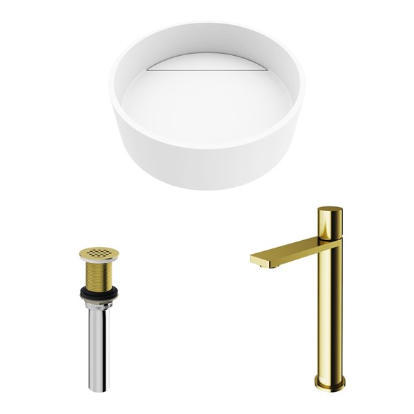 VIGO Montauk&nbsp;15-in dia. White Matte Stone Round Vessel Bathroom Sink with Gotham Faucet/Drain - Matte Gold