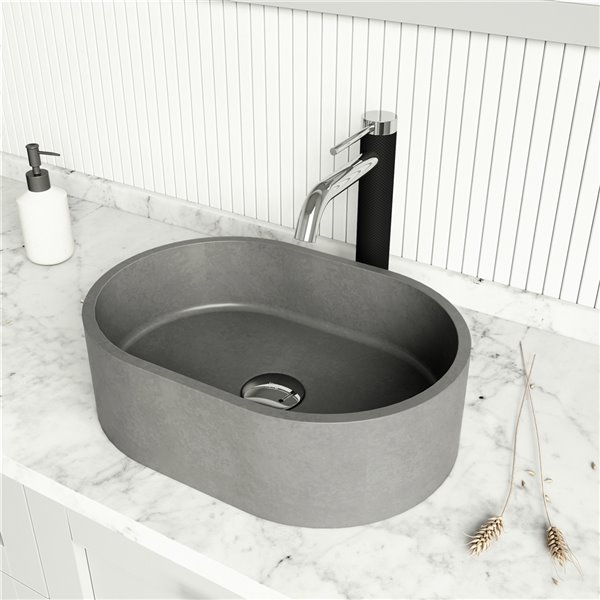 VIGO Brighton&nbsp;11-in W x&nbsp;16-in L Concreto Stone Grey Oval Vessel Bathroom Sink with Norfolk Chrome Faucet/Drain