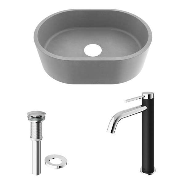 VIGO Brighton&nbsp;11-in W x&nbsp;16-in L Concreto Stone Grey Oval Vessel Bathroom Sink with Norfolk Chrome Faucet/Drain