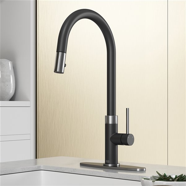 VIGO Kitchen Faucet with Deck Plate in Stainless Steel and Matte Black