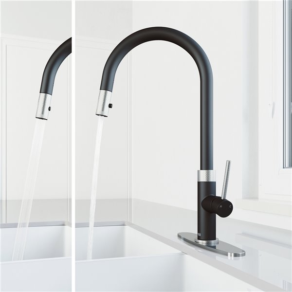 VIGO Kitchen Faucet with Deck Plate in Stainless Steel and Matte Black