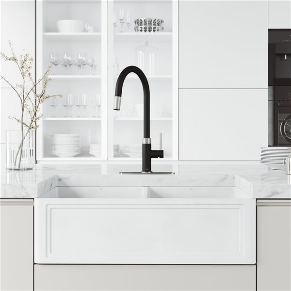VIGO Kitchen Faucet with Deck Plate in Stainless Steel and Matte Black