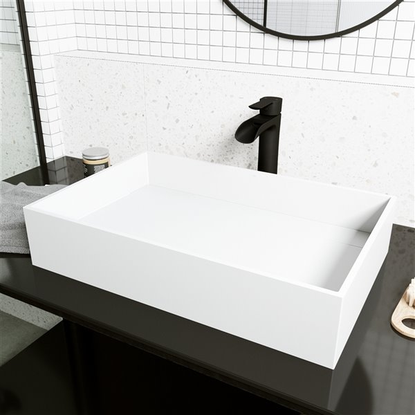 VIGO Montauk&nbsp;15-in W x&nbsp;23-in L White Matte Stone Rectangle Vessel Bathroom Sink with Niko Faucet/Drain - Matte Black