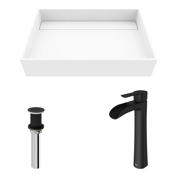 VIGO Montauk&nbsp;15-in W x&nbsp;23-in L White Matte Stone Rectangle Vessel Bathroom Sink with Niko Faucet/Drain - Matte Black