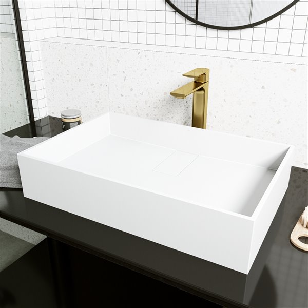 VIGO Bryant&nbsp;15-in W x&nbsp;23-in L White Matte Stone Rectangle Bathroom Vessel with Norfolk Faucet/Drain - Matte Gold