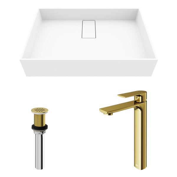 VIGO Bryant&nbsp;15-in W x&nbsp;23-in L White Matte Stone Rectangle Bathroom Vessel with Norfolk Faucet/Drain - Matte Gold