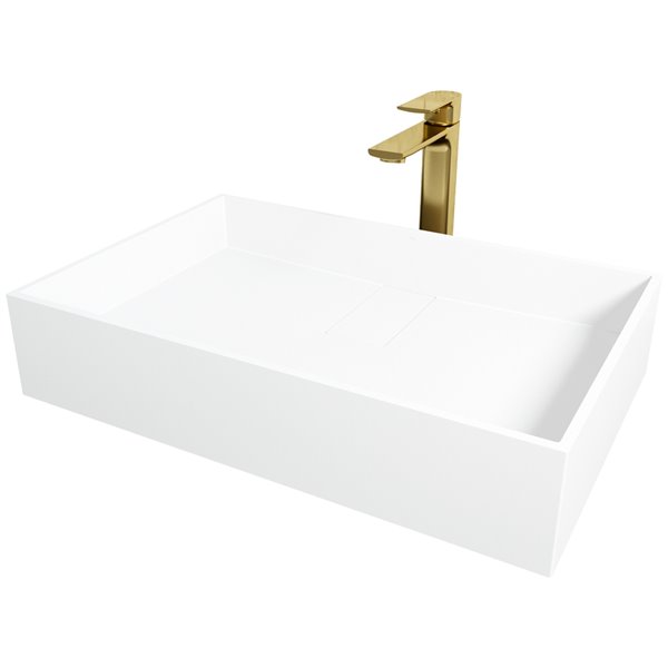 VIGO Bryant&nbsp;15-in W x&nbsp;23-in L White Matte Stone Rectangle Bathroom Vessel with Norfolk Faucet/Drain - Matte Gold