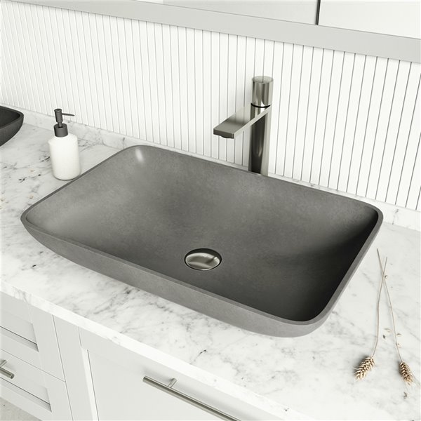 VIGO Brighton&nbsp;15 x&nbsp;22-in Concreto Stone Grey Rectangle Vessel Bathroom Sink w/ Gotham Faucet/Drain - Brushed Nickel