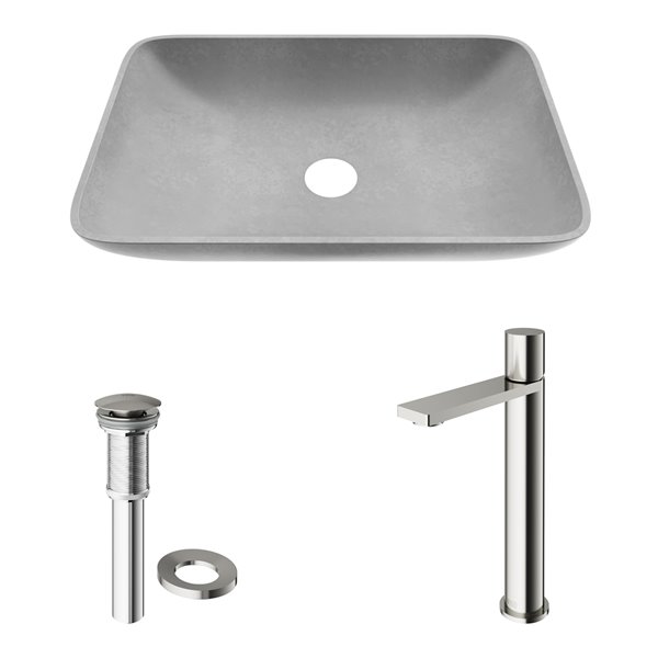 VIGO Brighton&nbsp;15 x&nbsp;22-in Concreto Stone Grey Rectangle Vessel Bathroom Sink w/ Gotham Faucet/Drain - Brushed Nickel