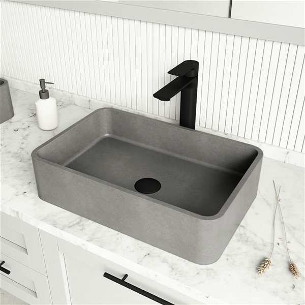 Ensemble de lavabo de salle de bain rectangulaire en pierre et robinet en noir mat Concreto Stone de Vigo (13,88 po x 19,69 po)
