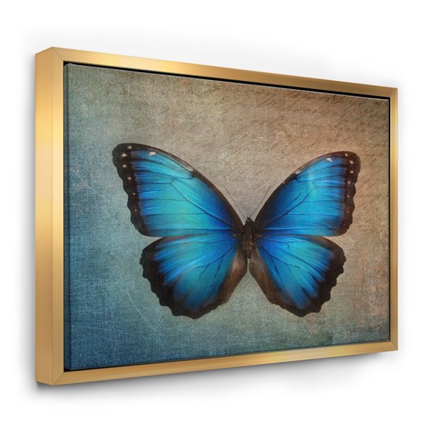 Designart 30-in x 40-in Blue Vintage Buttefly with Gold Wood Framed Canvas Wall Panel