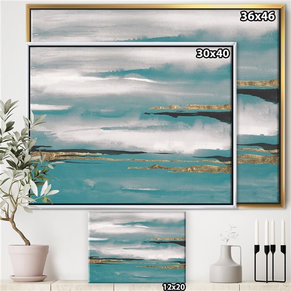 Designart 30-in x 40-in Glam Teal Watercolour II with Gold Wood Framed Wall Panel
