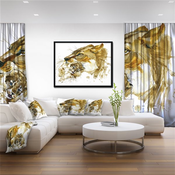 Designart 18-in x 34-in Lioness and Cub Illustration Black Wood Framed Wall Panel