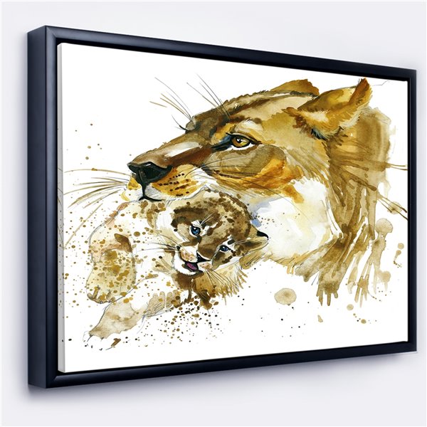 Designart 18-in x 34-in Lioness and Cub Illustration Black Wood Framed Wall Panel