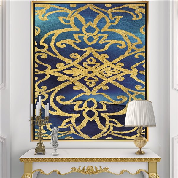 Designart 40-in x 30-in metallic Glam Indigo Form II with Gold Wood Framed Canvas Wall Panel