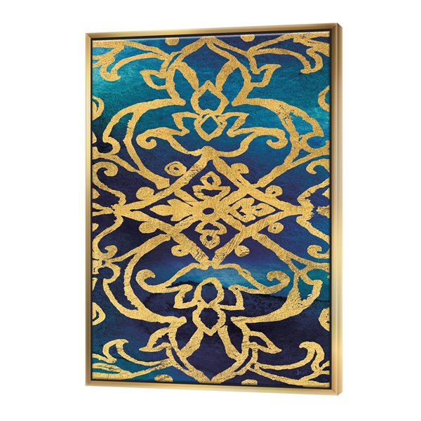 Designart 40-in x 30-in metallic Glam Indigo Form II with Gold Wood Framed Canvas Wall Panel