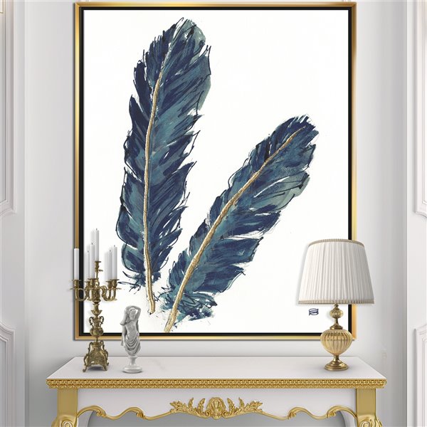 Designart 32-in x 24-in Gold Indigo Feathers IV with Gold with Gold Wood Framed Wall Panel