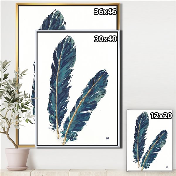 Designart 32-in x 24-in Gold Indigo Feathers IV with Gold with Gold Wood Framed Wall Panel