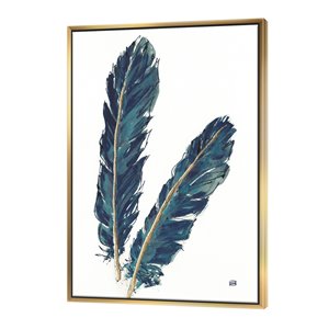 Designart 32-in x 24-in Gold Indigo Feathers IV with Gold with Gold Wood Framed Wall Panel