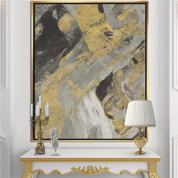 Designart 46-in x 36-in Marble Gold and Black with Gold with Gold Wood Framed Wall Panel