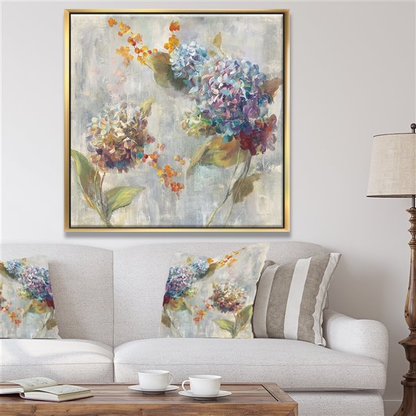 Designart 30-in x 30-in Autumn Hydrangea with Gold Wood Framed Wall Panel