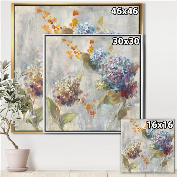 Designart 30-in x 30-in Autumn Hydrangea with Gold Wood Framed Wall Panel