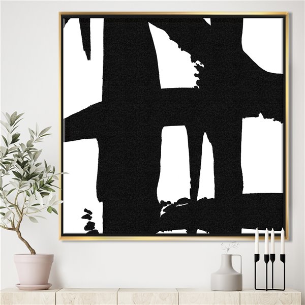 Designart 30-in x 30-in Black and White Crossing Paths II with Gold with Gold Wood Frame