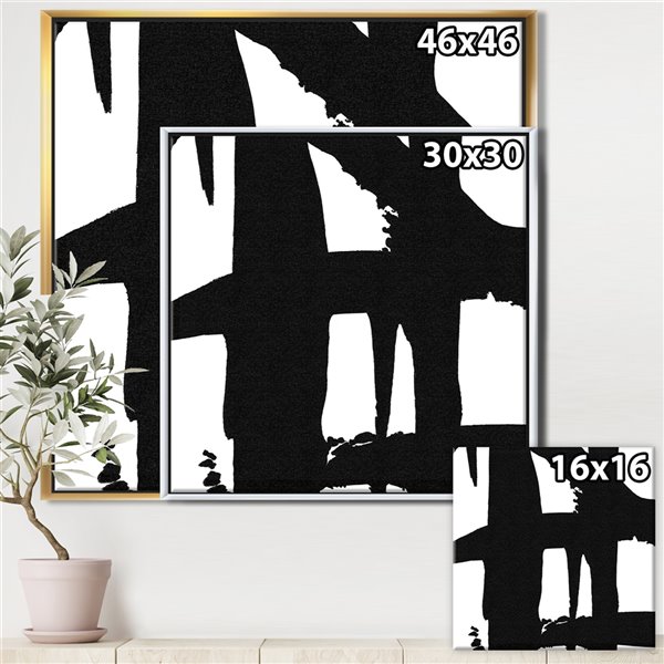 Designart 30-in x 30-in Black and White Crossing Paths II with Gold with Gold Wood Frame