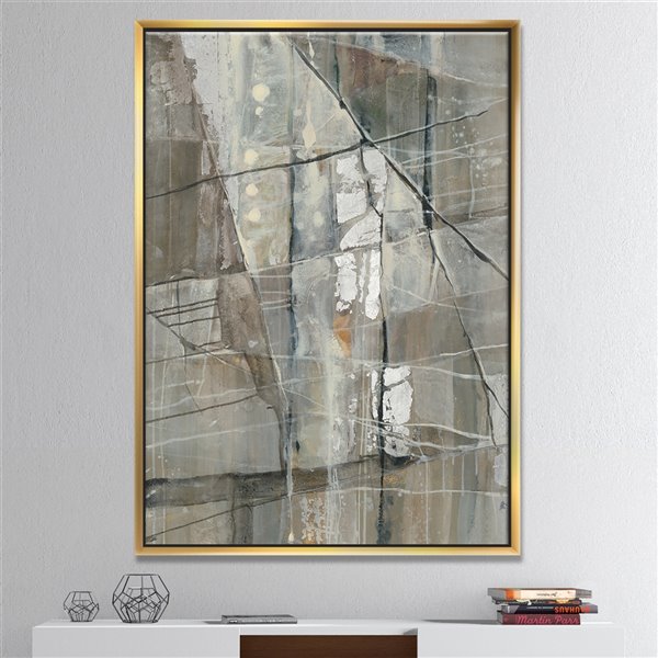 Designart 46-in x 36-in Silver and Beige Abstract Waterpainting with Gold Wood Framed Wall Panel