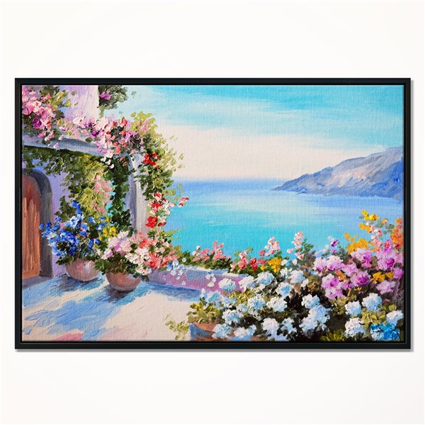 Designart 18-in x 34-in Sea and Flowers with Black Wood Framed Canvas Wall Panel