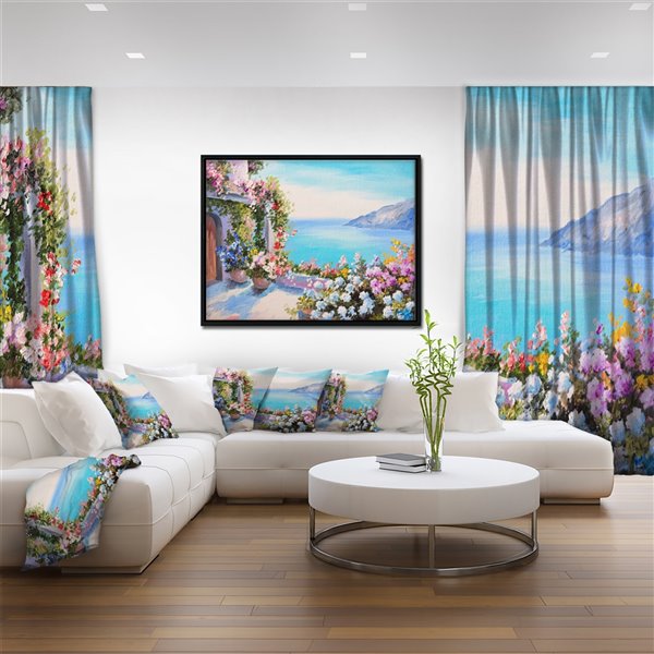 Designart 18-in x 34-in Sea and Flowers with Black Wood Framed Canvas Wall Panel
