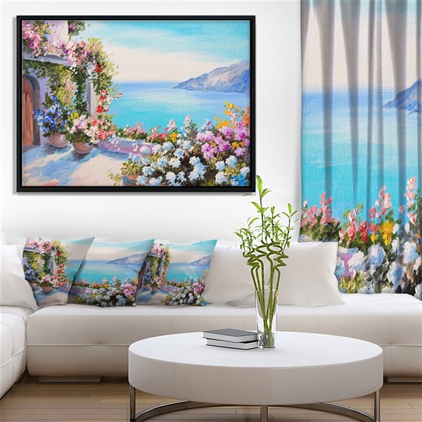 Designart 18-in x 34-in Sea and Flowers with Black Wood Framed Canvas Wall Panel