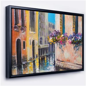 Designart 18-in x 34-in Canal in Venice with Flowers with Black Wood Framed Canvas Wall Panel