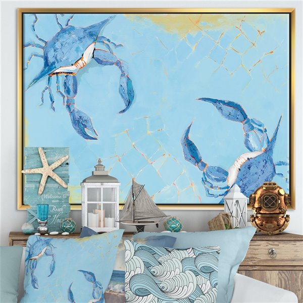 Designart 36-in x 46-in Blue Coastal Crab Battle I with Gold Wood Framed Canvas Wall Panel