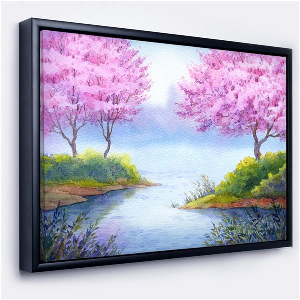 Designart 18-in x 34-in Flowering Trees Over Lake with Gold Wood Framed ...