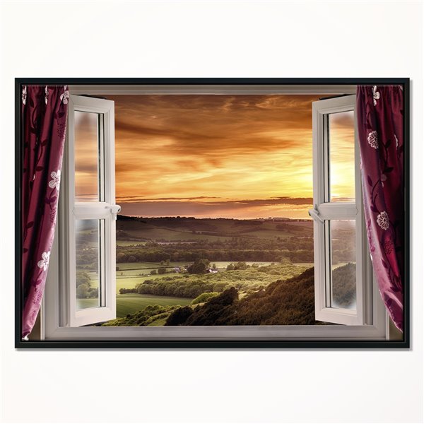 Designart 14-in x 22-in Open Window to Rural Landscape with Black Wood Framed Canvas Wall Panel