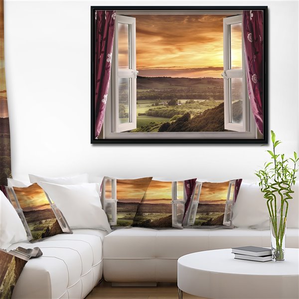 Designart 14-in x 22-in Open Window to Rural Landscape with Black Wood Framed Canvas Wall Panel