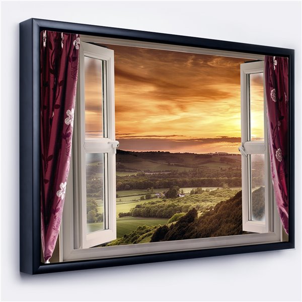 Designart 14-in x 22-in Open Window to Rural Landscape with Black Wood Framed Canvas Wall Panel