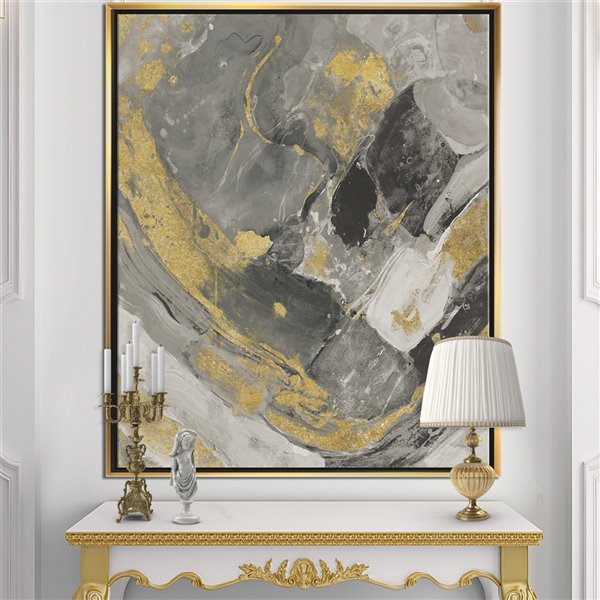 Designart 32-in x 24-in Marble Gold and Black II with Gold Wood Framed Wall Panel