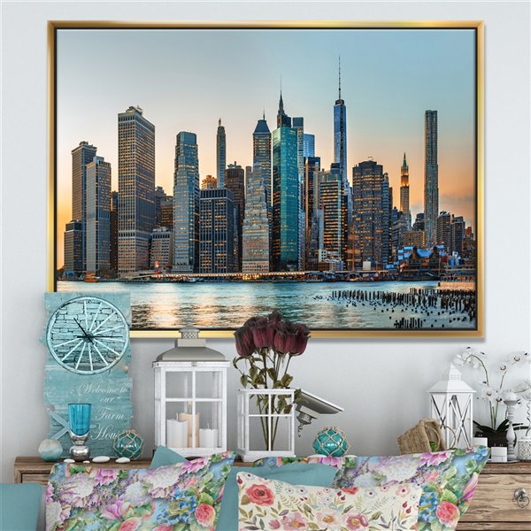 Designart 12-in x 20-in New York City Skyline with Gold Wood Framed Wall Panel