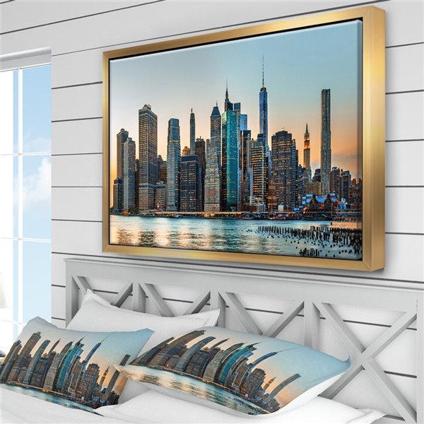 Designart 12-in x 20-in New York City Skyline with Gold Wood Framed Wall Panel