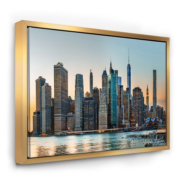 Designart 12-in x 20-in New York City Skyline with Gold Wood Framed Wall Panel