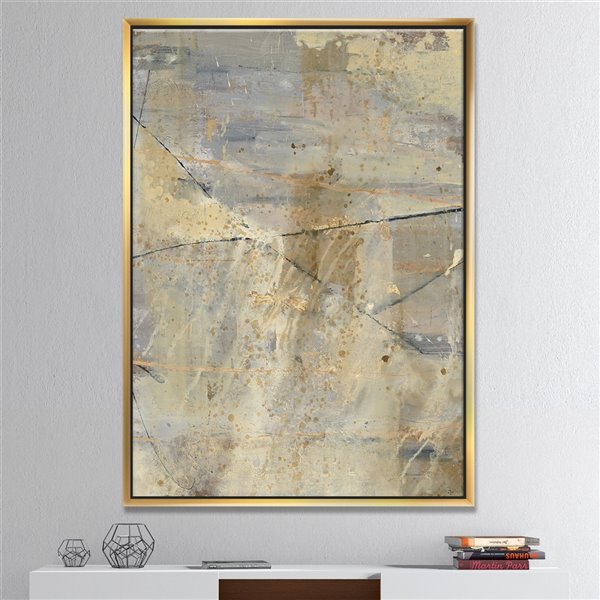 Designart 32-in x 16-in Geometric Cream Block I with Gold with Gold Wood Framed Wall Panel