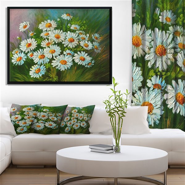 Designart 14-in x 22-in Heavily Textured Daisies Art with Black Wood Framed Canvas Wall Panel