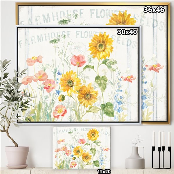 Designart 30-in x 40-in Floursack Florals I with Gold Wood Framed Wall Panel