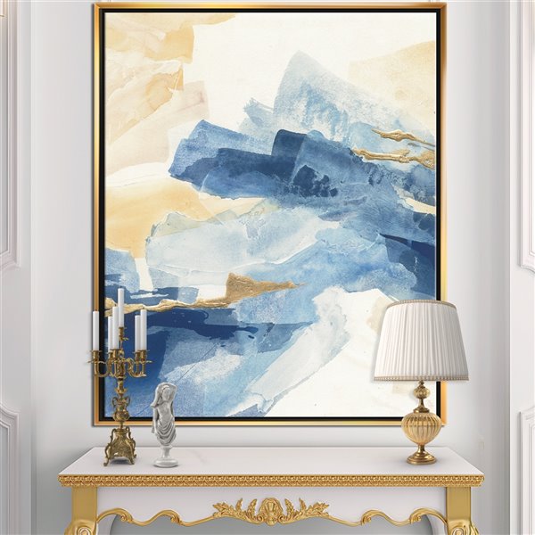 Designart 32-in x 16-in Metallic Gold Indigo II with Gold with Gold Wood Framed Wall Panel